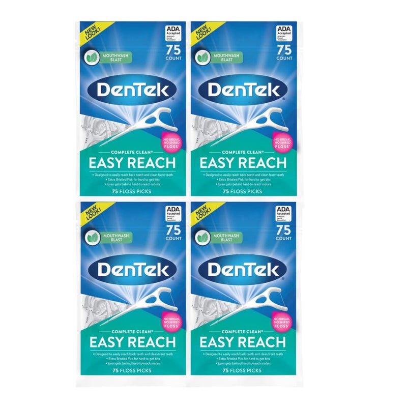 DenTek Complete Clean Easy Reach Floss Picks Advanced Fluoride Coating Mouthwash Blast Flavor 75 ct Pack of 4