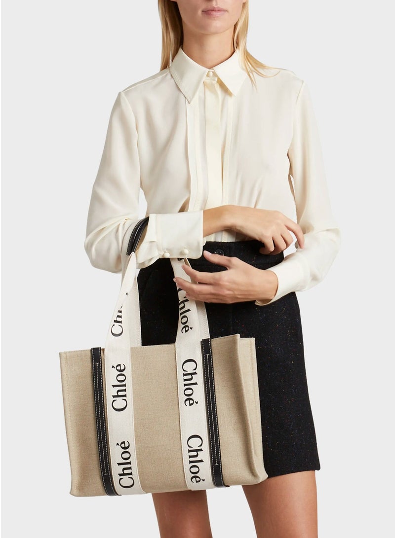 Chloe Woody Medium Women Tote Bag in Linen, Women Shoulder Bag, Women Hand Bag, Women's Travel Bag, Women's Shopping Bag, White-Black - Image 1