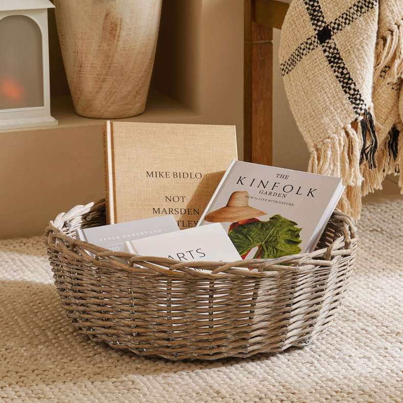 Pan Home سلة تخزين دائرية من الصفصاف الرمادي للمنزل