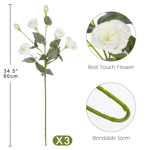 Hollyone 345 White Artificial Flowers Silk Fake Flower 3Pcs Eustoma Lisianthus Flowers with Long Stem Faux Flowers Arrangement Branch with 4 Heads for DIY Wedding Party Centerpiece Bouquet Table Home Decor - Image 3