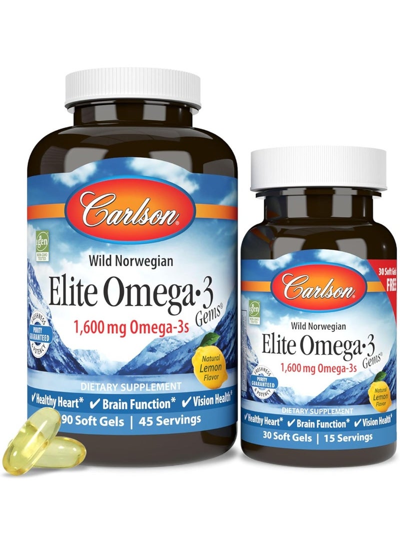 Carlson, Wild Norwegian, Elite Omega-3 Natural Lemon, 1,600mg 120 Soft Gels - Image 1