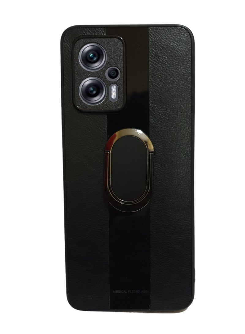 ELMO3EZZ Hard Tough Leather Magnetic Back Shockproof Drop Protection Kickstand Cover with Stand and Ring for Poco X4 Gt (Black)