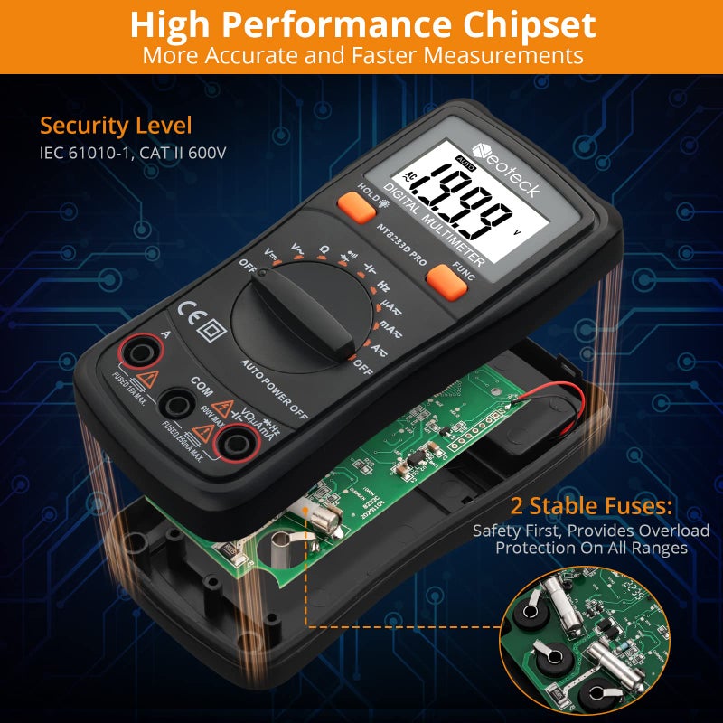 Neoteck Auto Ranging Digital Multimeter AC/DC Voltage Current Ohm Capacitance Frequency Diode Transistor Audible Continuity, Multi Tester with Backlit LCD - Image 2