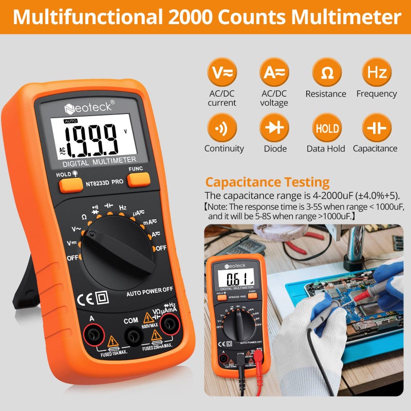 Neoteck Auto Ranging Digital Multimeter AC/DC Voltage Current Ohm Capacitance Frequency Diode Transistor Audible Continuity, Multi Tester with Backlit LCD - Image 3
