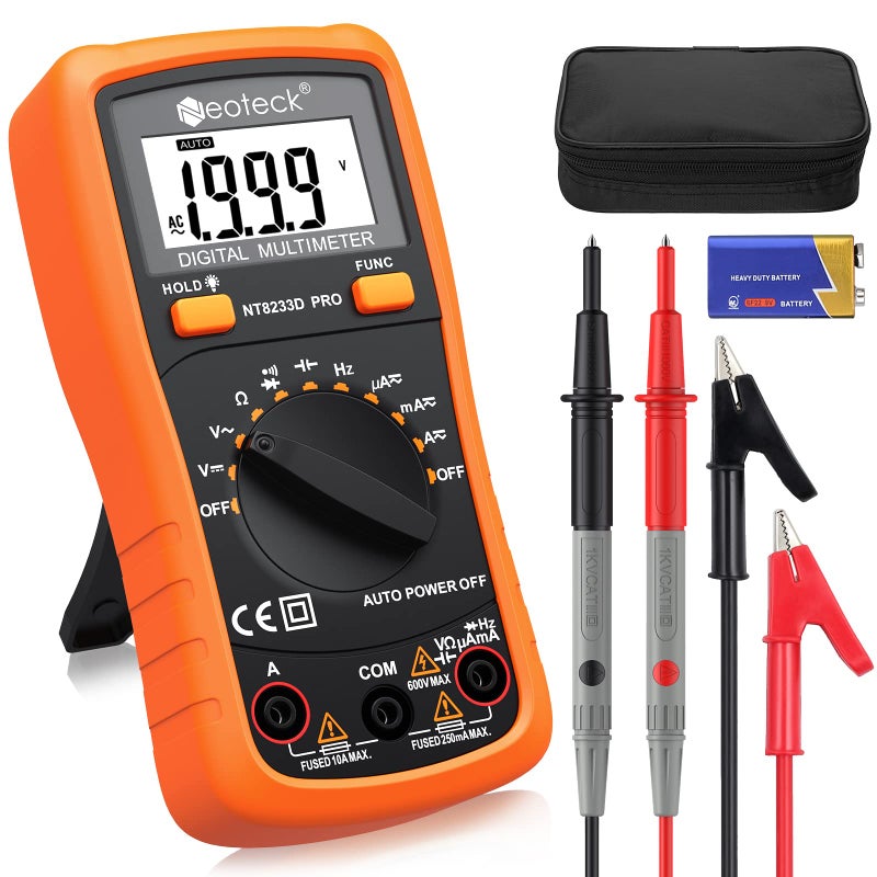 Neoteck Auto Ranging Digital Multimeter AC/DC Voltage Current Ohm Capacitance Frequency Diode Transistor Audible Continuity, Multi Tester with Backlit LCD - Image 1