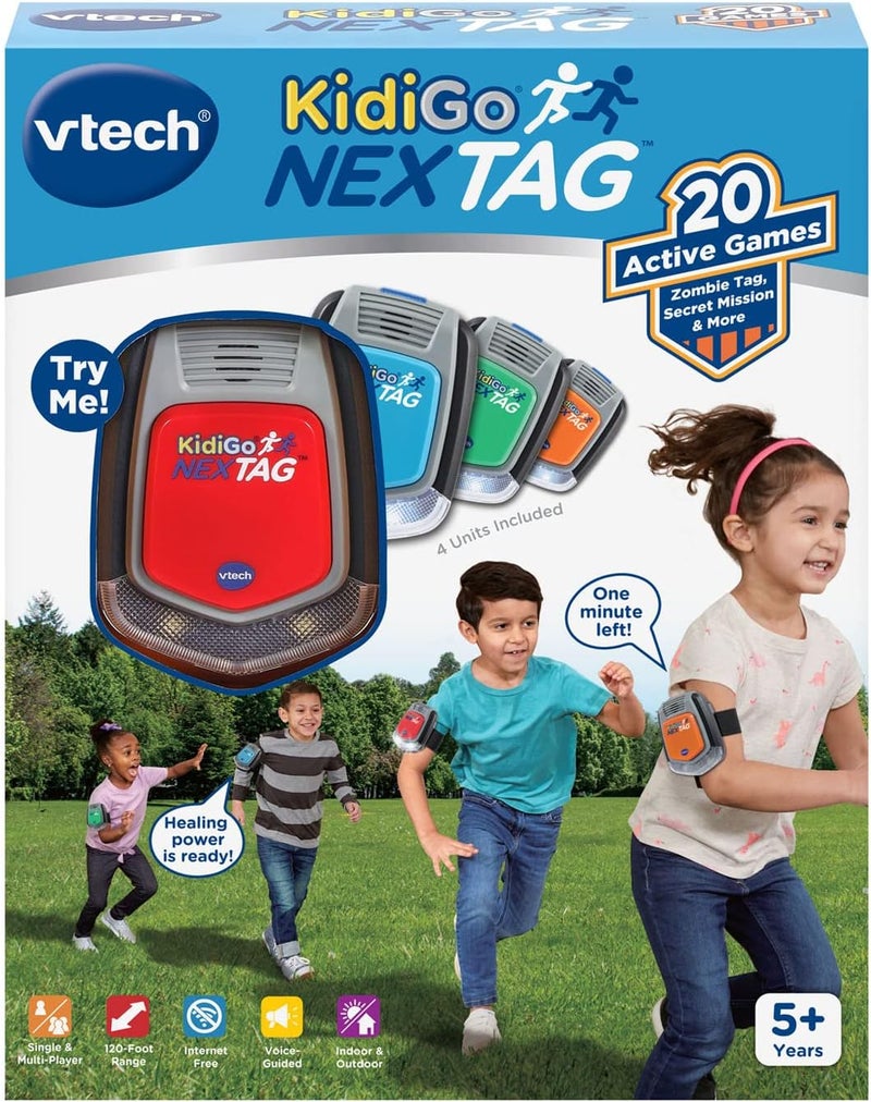 في تك VTech - KidiGo NexTag | يشمل 4 وحدات، أكثر من 20 لعبة | لعبة داخلية وخارجية، مدى 120 قدم بين الوحدات | جهاز ألعاب إلكتروني للأولاد والبنات من سن 5 سنوات فما فوق - Image 1