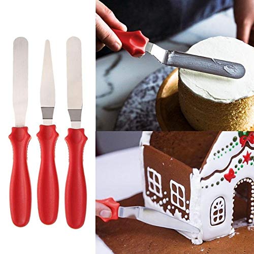 PINDIA 3 Piece Professional Offset Spatula Set with Plastic Handle Stainless Steel Icing Spatula Variety Set & Cake Decorating Tools, Flexible Resistant Blades, 2 Angled and 1 Straigh - Random Color - Image 2