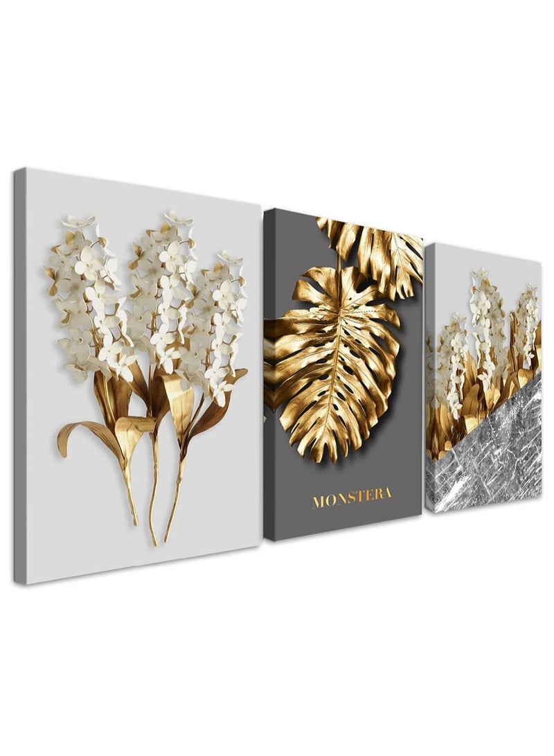 Today Idea Large Modern Canvas Wall Art Hyacinth Painting White Flower Gold Leaf Canvas Prints for Living Room Bedroom Office Wall Decor Framed Home Office Walls Decorations, 16"x24" 3 Pieces - Image 1