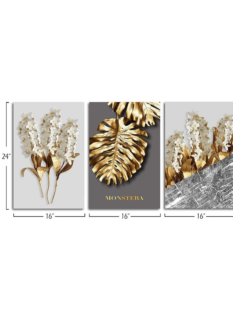 Today Idea Large Modern Canvas Wall Art Hyacinth Painting White Flower Gold Leaf Canvas Prints for Living Room Bedroom Office Wall Decor Framed Home Office Walls Decorations, 16"x24" 3 Pieces - Image 2