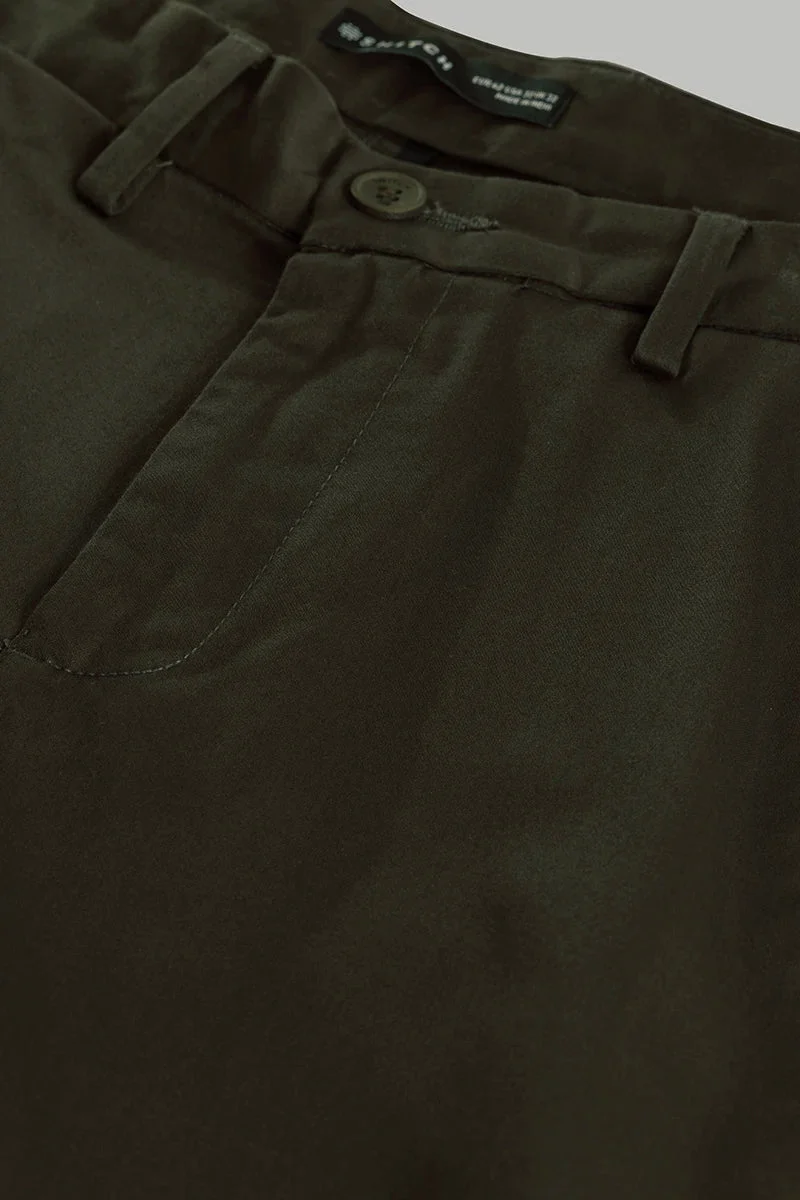 SNITCH Urban Stride Dark Olive Plain Slim Fit Chinos