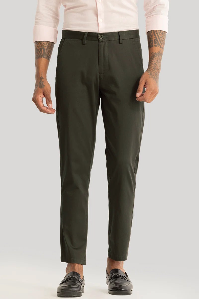 SNITCH Urban Stride Dark Olive Plain Slim Fit Chinos - Image 4