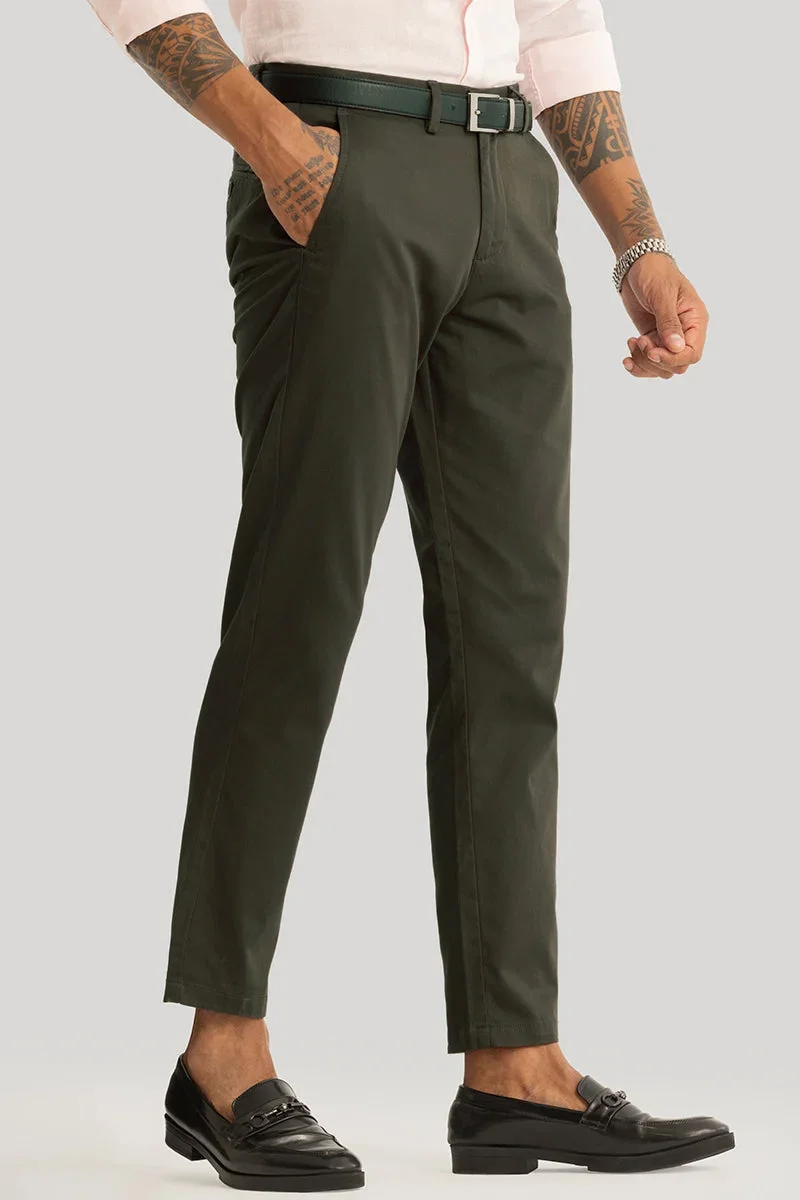SNITCH Urban Stride Dark Olive Plain Slim Fit Chinos