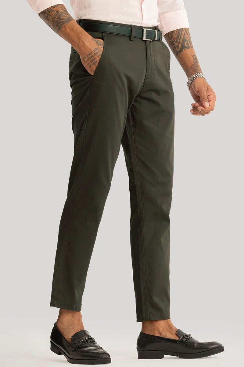 SNITCH Urban Stride Dark Olive Plain Slim Fit Chinos - Image 1