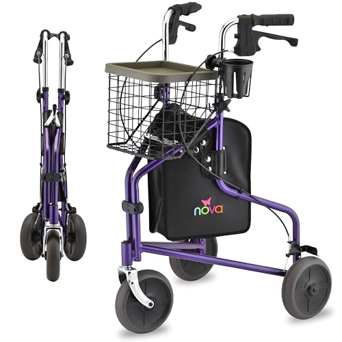 NOVA Traveler Folding 3Wheel Walker with Tray Basket Pouch Cup Holder Lightweight Mobility Aid for Seniors Adults 8 AllTerrain Wheels for Tight Spaces Travel Purple - Image 2