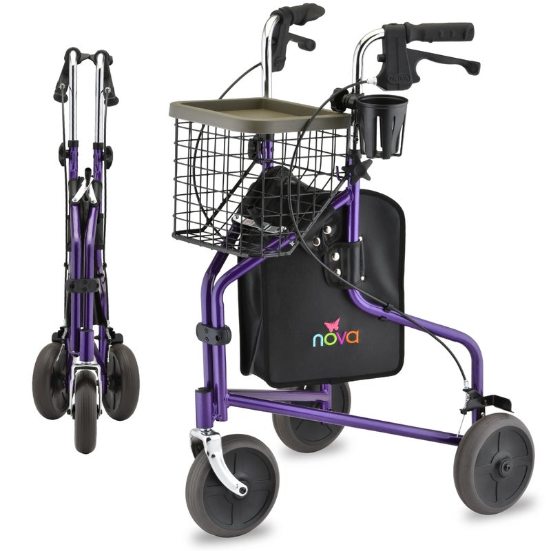 NOVA Traveler Folding 3Wheel Walker with Tray Basket Pouch Cup Holder Lightweight Mobility Aid for Seniors Adults 8 AllTerrain Wheels for Tight Spaces Travel Purple - Image 3