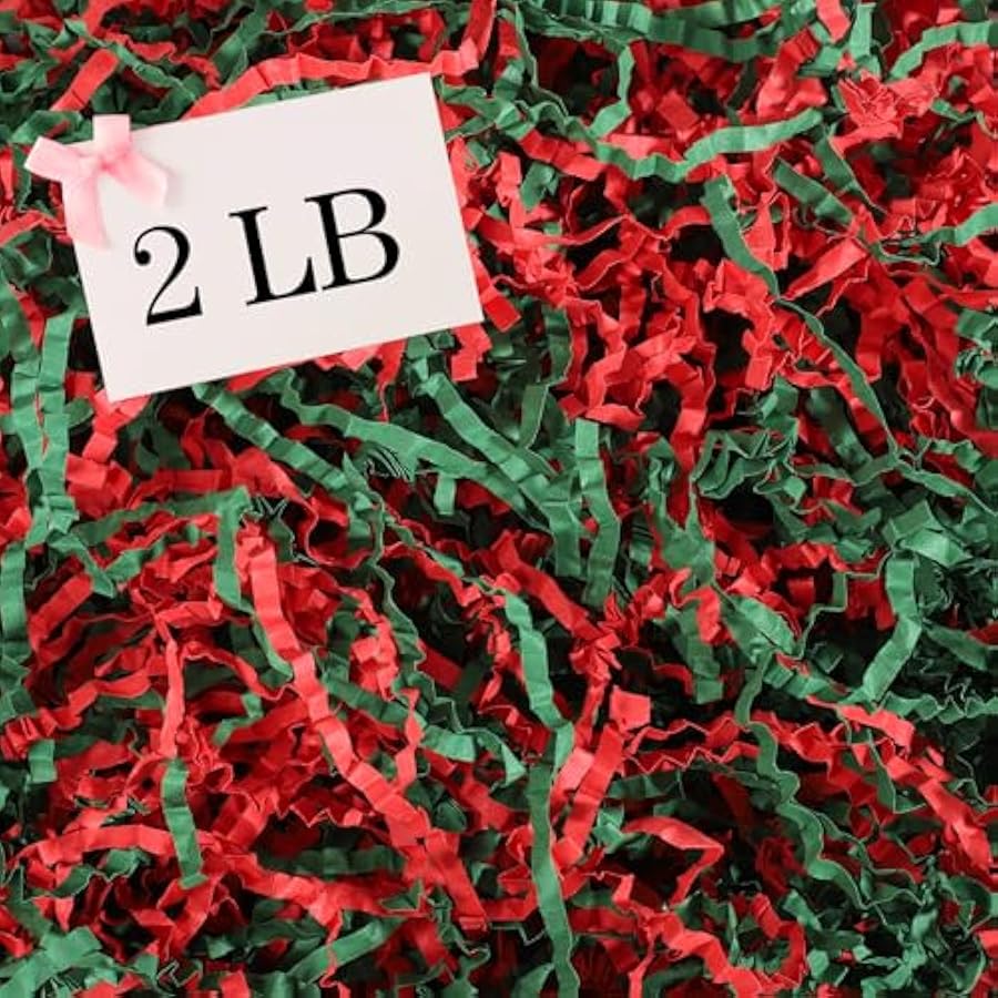 2 LB Crinkle Cut Paper Shred Filler, Red & Green  Crinkle Paper Shredded Paper Stuffing for  Gifts Gift Wrapping Baskets Box Filling Birthday Wedding Anniversary