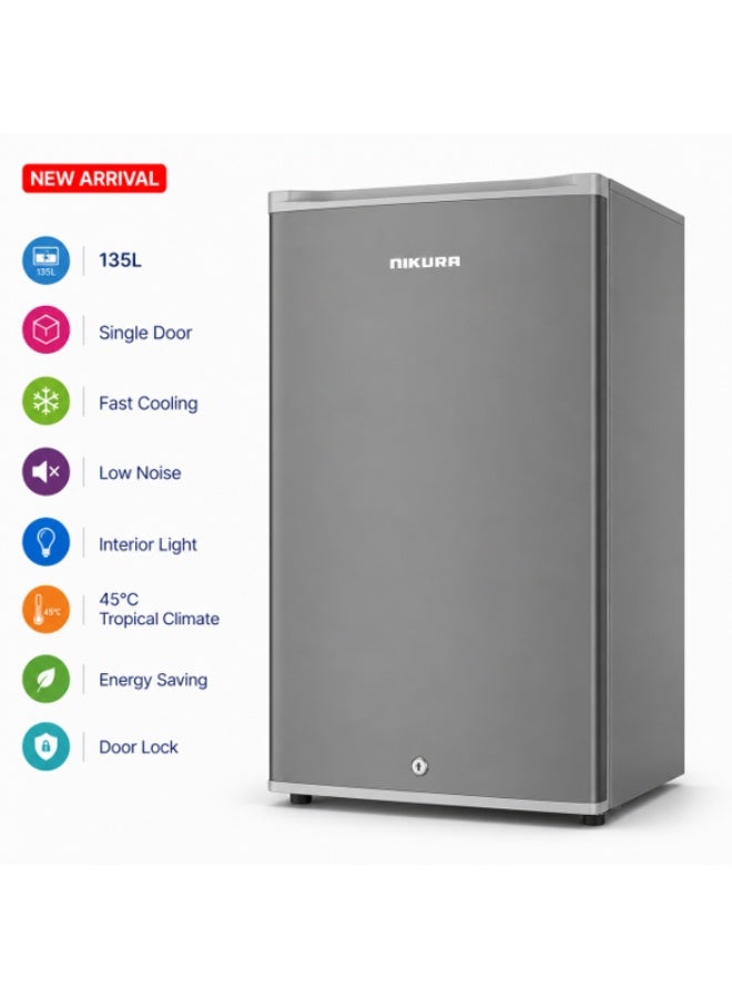 NIKURA 135L Gross / 95L Net, Single Door Mini Refrigerator, Chiller And Veg. Compartment, 2 Glass Shelves And Bottle Storage Racks, Compact Small Size Beverage Fridge, Child Lock, Best For Home, Office, Bedroom 135 L 281 kW ARF135DS Grey 281 kW ARF135DS2 grey - Image 1