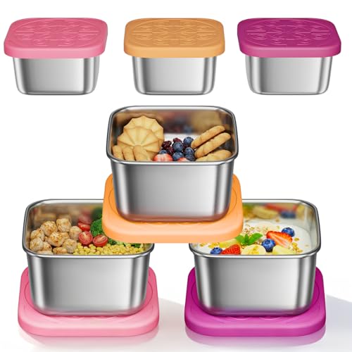 Osfel 3 Pack 6oz Stainless Steel Snack Containers and 3 Pack 2oz Salad Dressing To Go Containers with Silicone Lids, Reusable Square Meal Prep Condiment Sauce Containers Lunch Box Accessories - Image 1