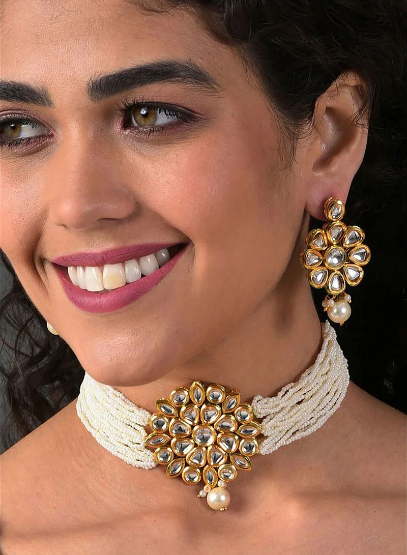 SOHI Gold Plated Kundan Pearl Necklace and Earrings Set
