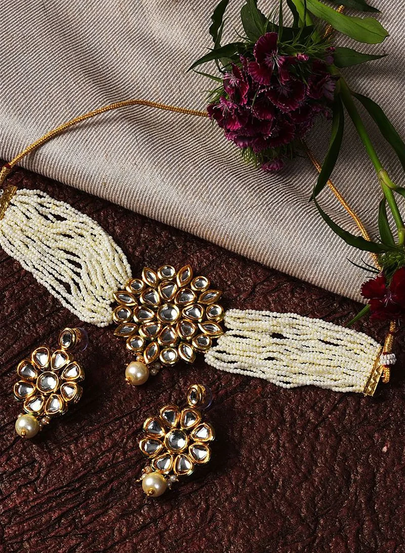 SOHI Gold Plated Kundan Pearl Necklace and Earrings Set