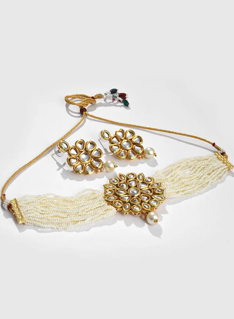 SOHI Gold Plated Kundan Pearl Necklace and Earrings Set