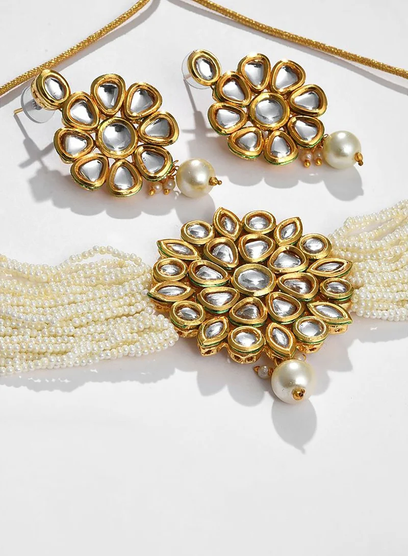 SOHI Gold Plated Kundan Pearl Necklace and Earrings Set