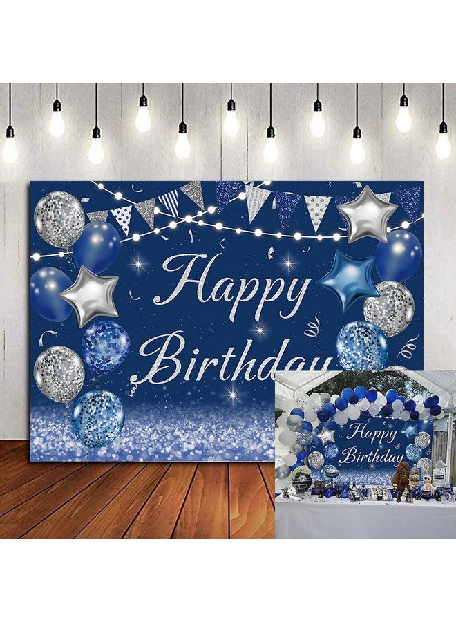 سينفين الأزرق الداكن عيد ميلاد سعيد خلفية الفضة بريق بالونات نجمة العلم الترتر خلفية الكبار الرجال النساء حفلة عيد ميلاد الديكور كعكة الجدول صورة كشك (7X5Ft الأزرق) - Image 1