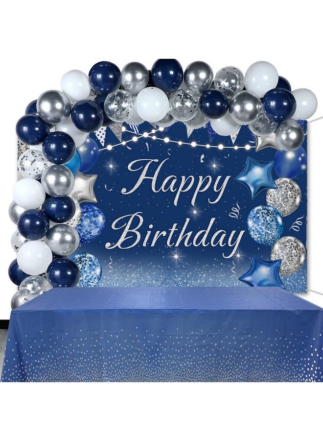 سينفين الأزرق الداكن عيد ميلاد سعيد خلفية الفضة بريق بالونات نجمة العلم الترتر خلفية الكبار الرجال النساء حفلة عيد ميلاد الديكور كعكة الجدول صورة كشك (7X5Ft الأزرق) - Image 4