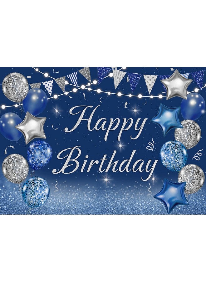 سينفين الأزرق الداكن عيد ميلاد سعيد خلفية الفضة بريق بالونات نجمة العلم الترتر خلفية الكبار الرجال النساء حفلة عيد ميلاد الديكور كعكة الجدول صورة كشك (7X5Ft الأزرق) - Image 2