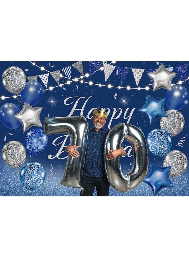 سينفين الأزرق الداكن عيد ميلاد سعيد خلفية الفضة بريق بالونات نجمة العلم الترتر خلفية الكبار الرجال النساء حفلة عيد ميلاد الديكور كعكة الجدول صورة كشك (7X5Ft الأزرق) - Image 5