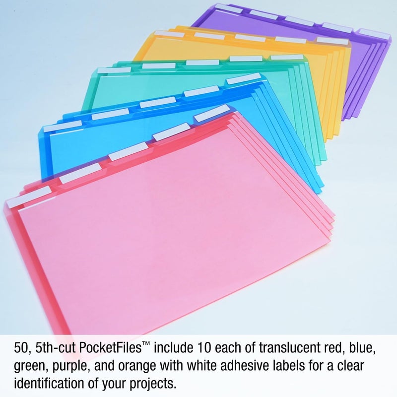 Ultimate Office PocketFile™ Clear Poly Document Folder Project Pockets, 5th-Cut, Letter Size, in 5 Assorted Colors, Set of 50 - Image 4