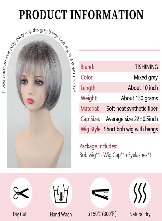 TISHINING Short Gray Bob Wig with Bangs for White Women 10 Inch Layered Mix Grey Straight Bob Wig Chin Length Salt and Pepper Wigs for Women Synthetic Natural Looking Daily Party Wig - Image 3