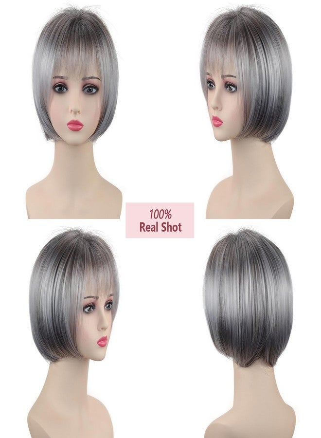 TISHINING Short Gray Bob Wig with Bangs for White Women 10 Inch Layered Mix Grey Straight Bob Wig Chin Length Salt and Pepper Wigs for Women Synthetic Natural Looking Daily Party Wig - Image 2