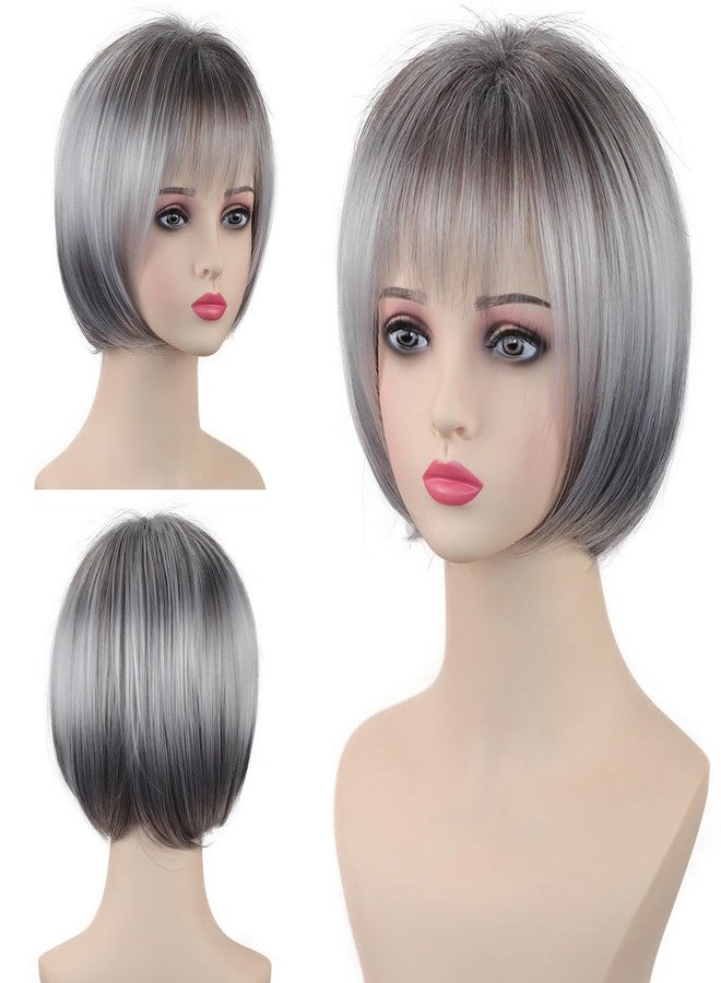 TISHINING Short Gray Bob Wig with Bangs for White Women 10 Inch Layered Mix Grey Straight Bob Wig Chin Length Salt and Pepper Wigs for Women Synthetic Natural Looking Daily Party Wig - Image 1