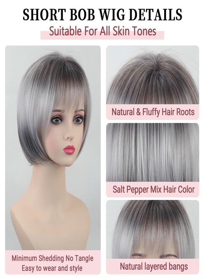 TISHINING Short Gray Bob Wig with Bangs for White Women 10 Inch Layered Mix Grey Straight Bob Wig Chin Length Salt and Pepper Wigs for Women Synthetic Natural Looking Daily Party Wig - Image 4
