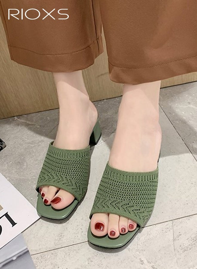 RIOXS Women's Knit Heeled Sandals, 5cm Chunky Low Block Heels Pumps, Fashion Square Open Toe Sandals, Classic Slip On Pumps Shoes for Women, Versatile Ladies Casual Slides Sandal, Low Heel Mules Dress Slides Shoes, Women's Comfort Shoes for Party/ Work/ Date/ Wedding, Green Sandals Fashion Woman Footwear - Image 2