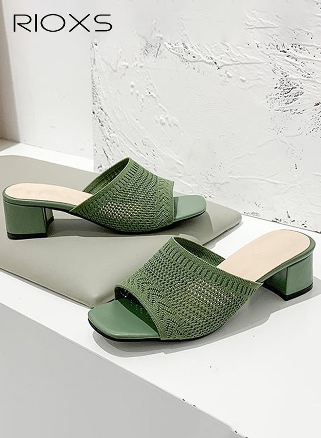 RIOXS Women's Knit Heeled Sandals, 5cm Chunky Low Block Heels Pumps, Fashion Square Open Toe Sandals, Classic Slip On Pumps Shoes for Women, Versatile Ladies Casual Slides Sandal, Low Heel Mules Dress Slides Shoes, Women's Comfort Shoes for Party/ Work/ Date/ Wedding, Green Sandals Fashion Woman Footwear - Image 5