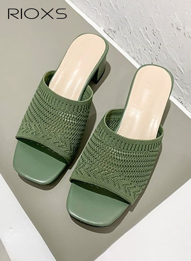 RIOXS Women's Knit Heeled Sandals, 5cm Chunky Low Block Heels Pumps, Fashion Square Open Toe Sandals, Classic Slip On Pumps Shoes for Women, Versatile Ladies Casual Slides Sandal, Low Heel Mules Dress Slides Shoes, Women's Comfort Shoes for Party/ Work/ Date/ Wedding, Green Sandals Fashion Woman Footwear - Image 1
