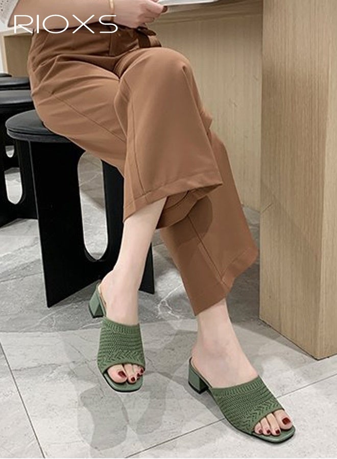 RIOXS Women's Knit Heeled Sandals, 5cm Chunky Low Block Heels Pumps, Fashion Square Open Toe Sandals, Classic Slip On Pumps Shoes for Women, Versatile Ladies Casual Slides Sandal, Low Heel Mules Dress Slides Shoes, Women's Comfort Shoes for Party/ Work/ Date/ Wedding, Green Sandals Fashion Woman Footwear - Image 4