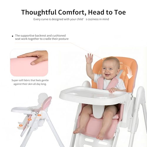 PipNest High Chair for Babies and Toddlers, Baby High Chair with Removable Tray, Adjustable Backrest, Footrest Height Settings, Space-Saving Design, Foldable, Pink - Image 5