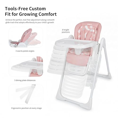 PipNest High Chair for Babies and Toddlers, Baby High Chair with Removable Tray, Adjustable Backrest, Footrest Height Settings, Space-Saving Design, Foldable, Pink - Image 4