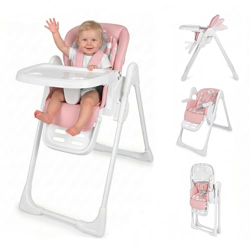 PipNest High Chair for Babies and Toddlers, Baby High Chair with Removable Tray, Adjustable Backrest, Footrest Height Settings, Space-Saving Design, Foldable, Pink - Image 1