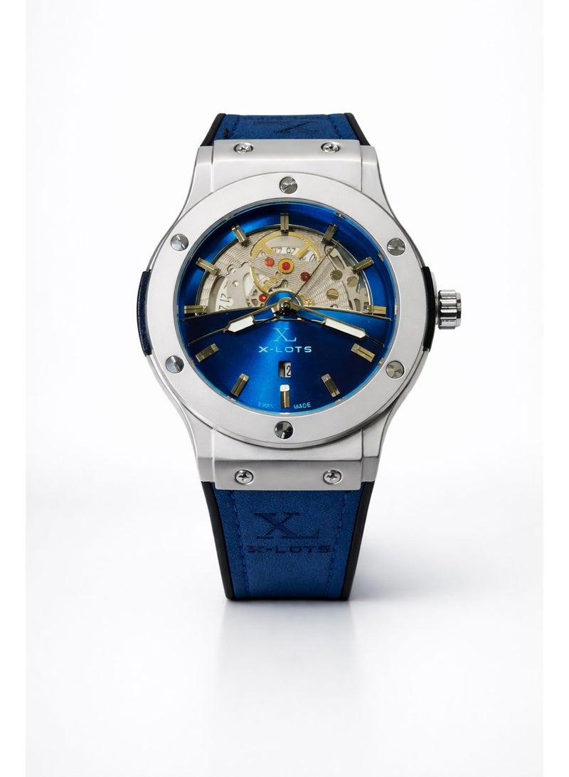 XLOTS IronX Skeleton XLA21G Men’s Luxury Watch Blue Dial Open Heart Stainless Steel Case Leather finish Strap Quartz Analog Water Resistant - Image 1