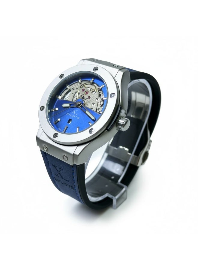 XLOTS IronX Skeleton XLA21G Men’s Luxury Watch Blue Dial Open Heart Stainless Steel Case Leather finish Strap Quartz Analog Water Resistant - Image 3