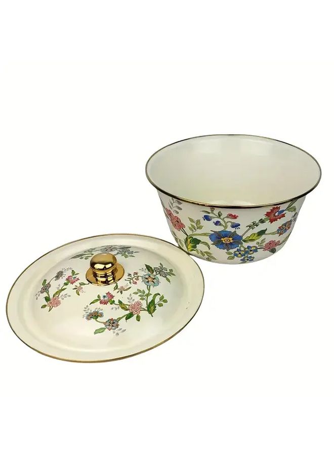 Aromatic Flowers Enamel Storage Bowl With Gold Lid Multi Purpose Kitchenware - Image 4