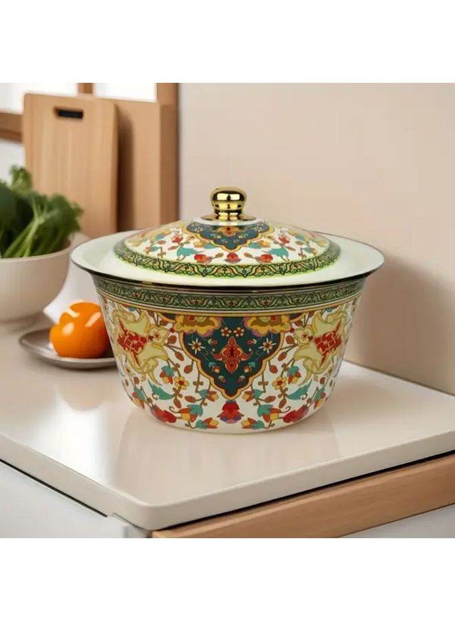 Aromatic Flowers Enamel Storage Bowl With Gold Lid Multi Purpose Kitchenware - Image 2