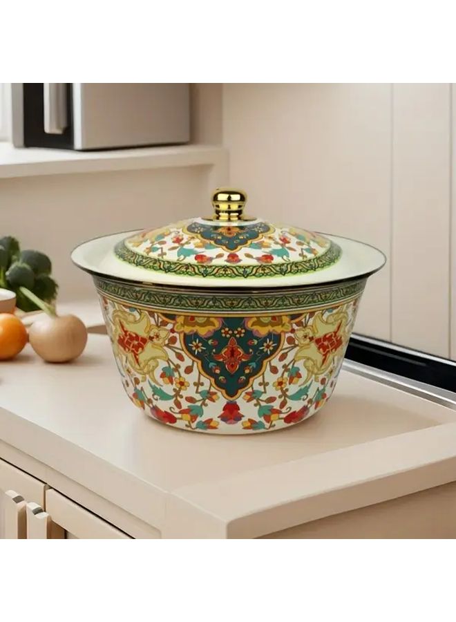 Aromatic Flowers Enamel Storage Bowl With Gold Lid Multi Purpose Kitchenware - Image 5
