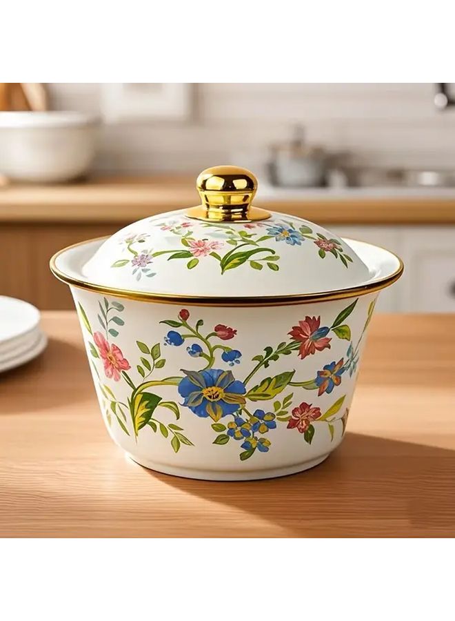 Aromatic Flowers Enamel Storage Bowl With Gold Lid Multi Purpose Kitchenware - Image 1