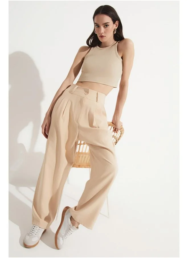 جون June Pleated Detailed Loose Trouser Mink