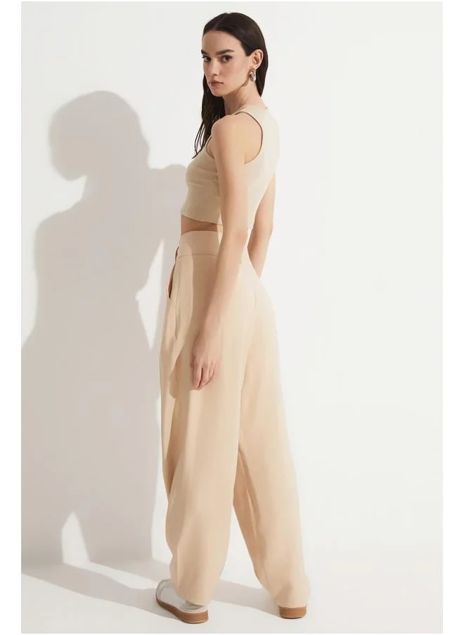 جون June Pleated Detailed Loose Trouser Mink